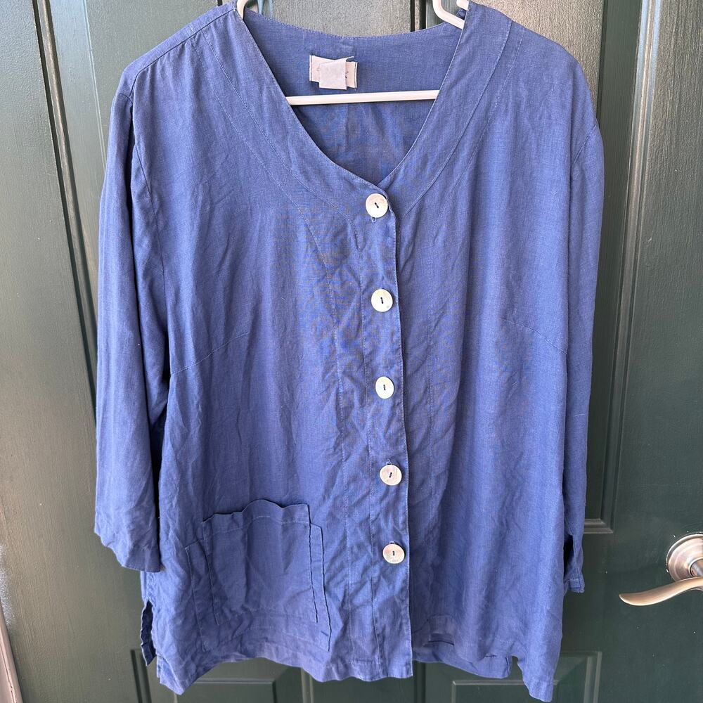 Mosaic Blue 100% Linen Lagenlook Boxy Oversized Button Top XL Made in USA